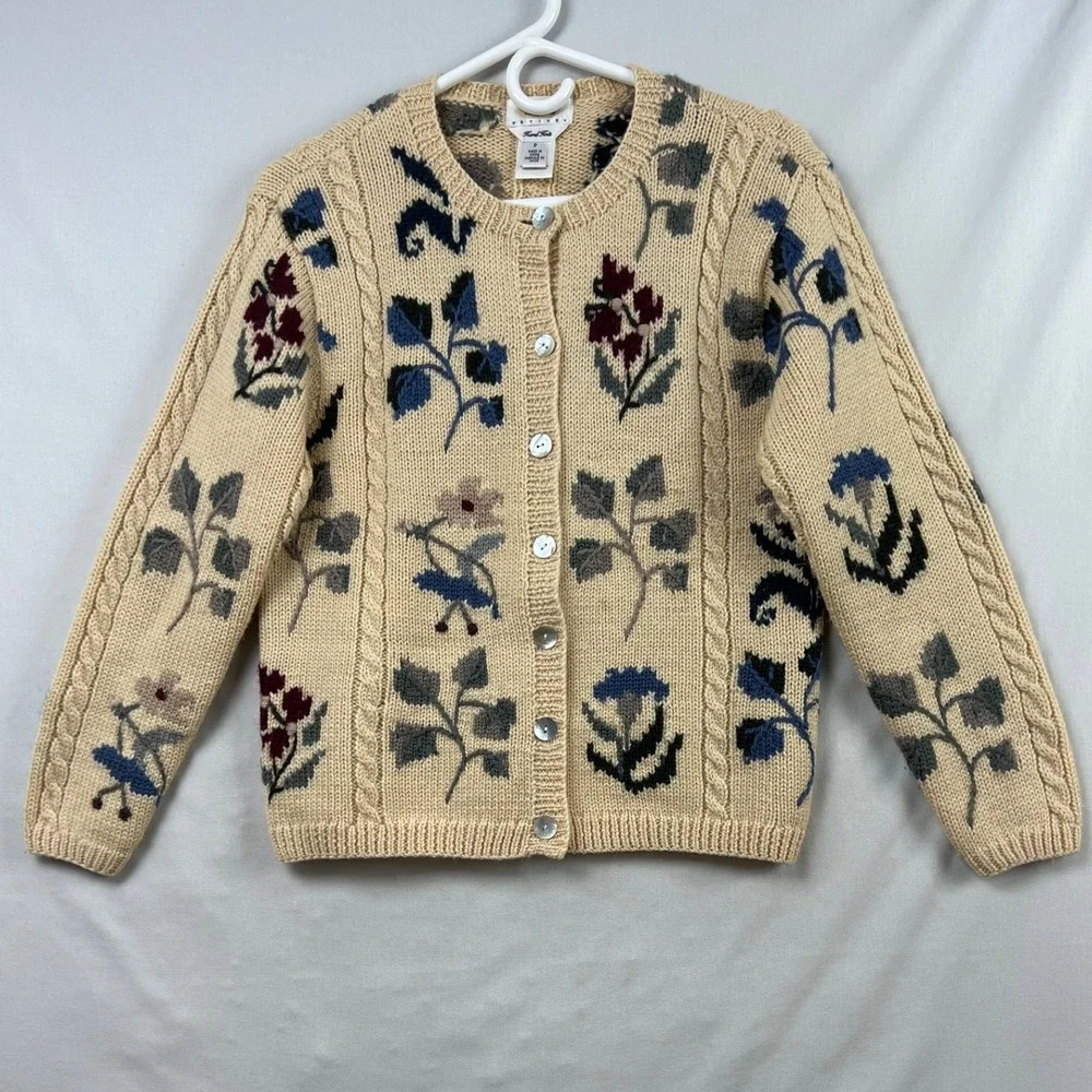 Talbots Cardigan Sweater Women Petite P Beige Floral Hand Knit 100% Wool Cable